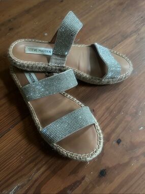 Steve Madden Silver Rhinestone Espadrille Slide Sandals